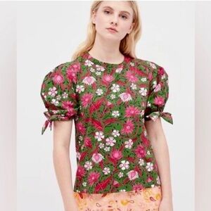 Women’s Zara 100% cotton floral blouse bow tie puff sleeves size large coquette